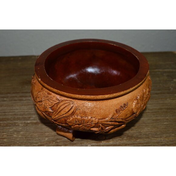 Vintage Faux Wood Carved Mold Resin Footed Floral Leaf Design Bowl Dish Display - Picture 3 of 11